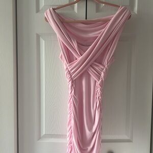 Pink Ruched Twist Bardot Midi Dress